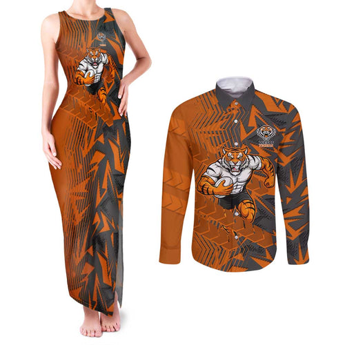 Wests Tigers Rugby Couples Matching Tank Maxi Dress and Long Sleeve Button Shirt Fierce Mascot Geometric Tribal Art