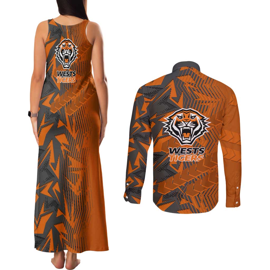 Wests Tigers Rugby Couples Matching Tank Maxi Dress and Long Sleeve Button Shirt Fierce Mascot Geometric Tribal Art