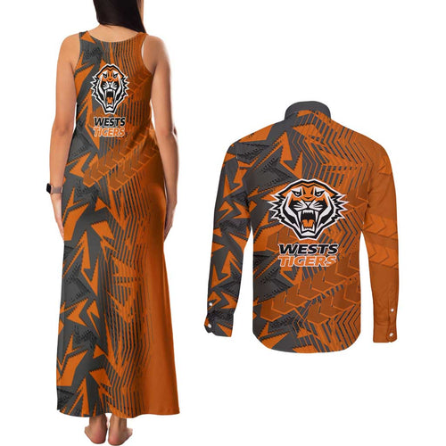 Wests Tigers Rugby Couples Matching Tank Maxi Dress and Long Sleeve Button Shirt Fierce Mascot Geometric Tribal Art