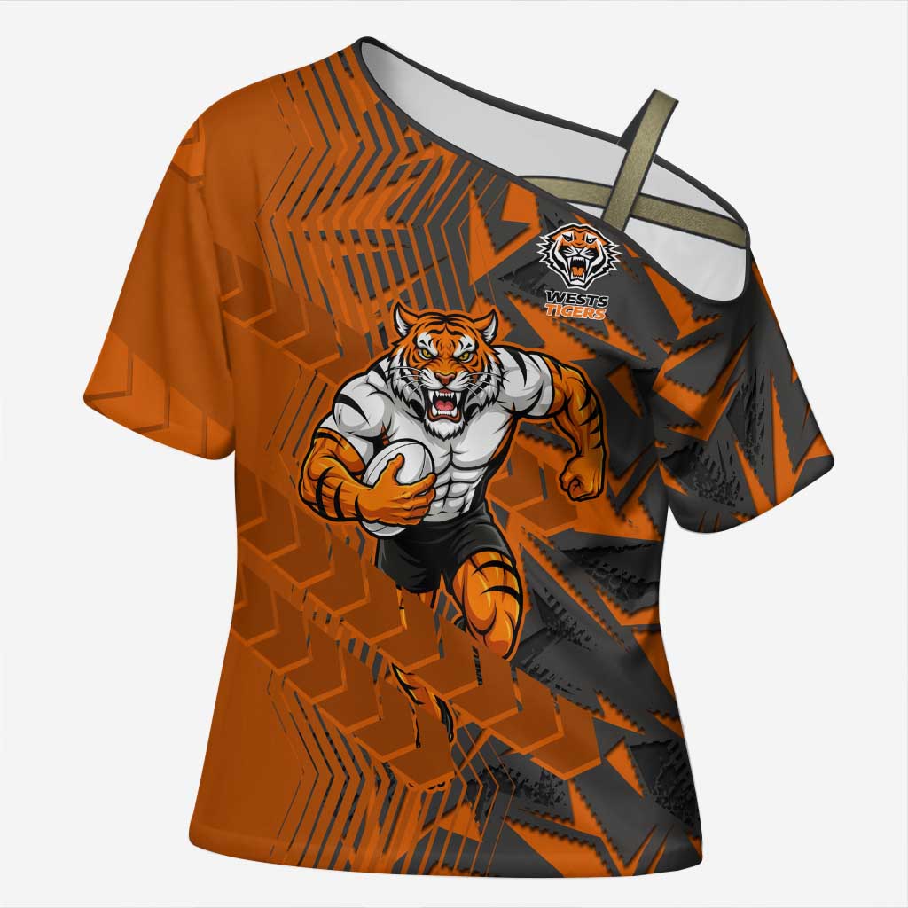 Wests Tigers Rugby Cross Shoulder Shirt Fierce Mascot Geometric Tribal Art