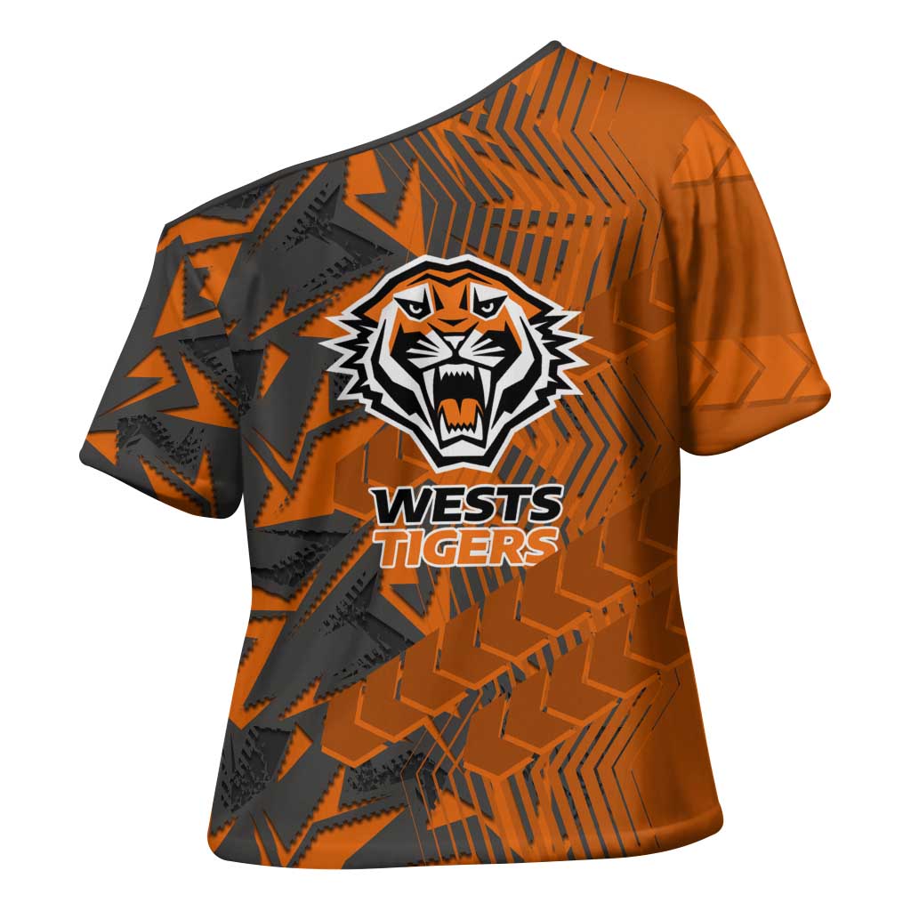Wests Tigers Rugby Cross Shoulder Shirt Fierce Mascot Geometric Tribal Art