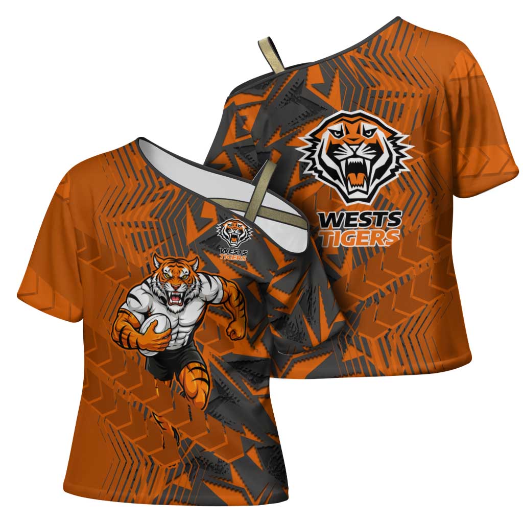 Wests Tigers Rugby Cross Shoulder Shirt Fierce Mascot Geometric Tribal Art