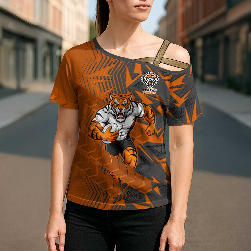 Wests Tigers Rugby Cross Shoulder Shirt Fierce Mascot Geometric Tribal Art