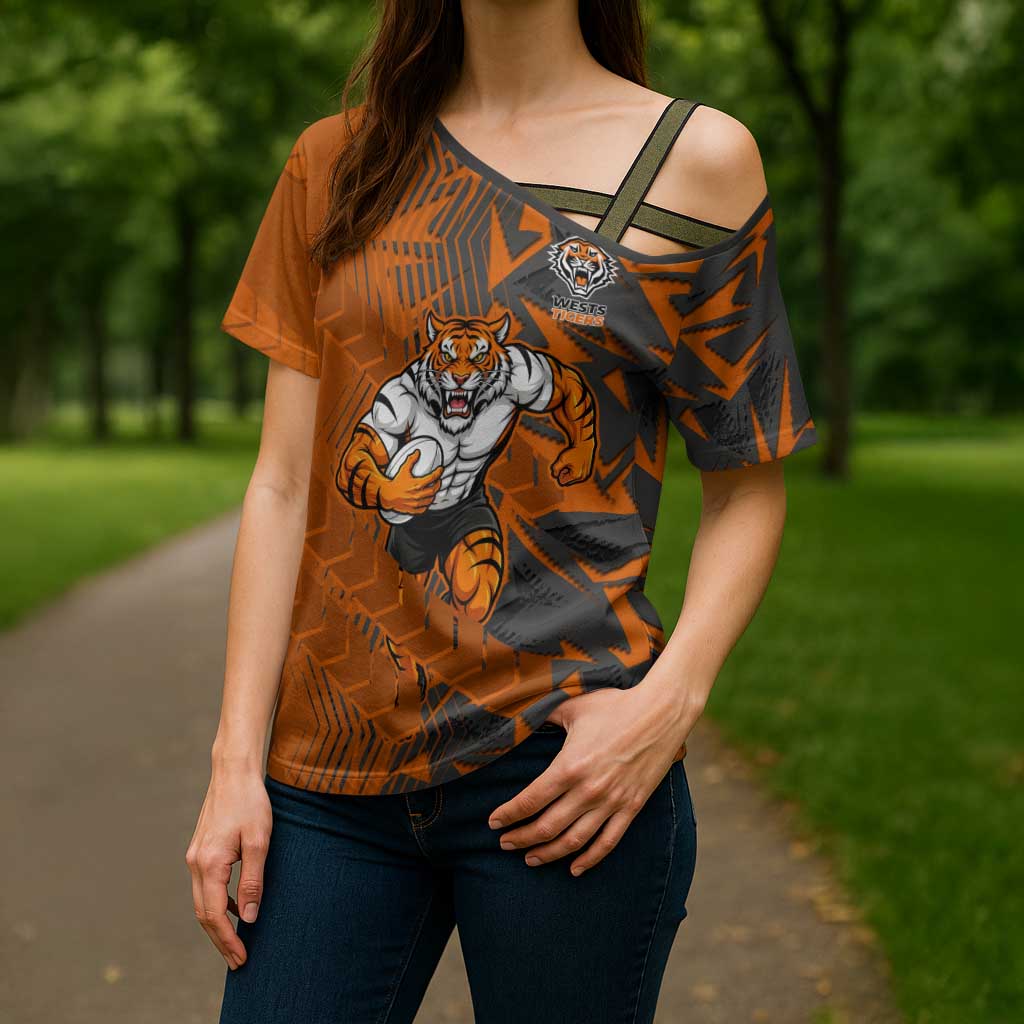 Wests Tigers Rugby Cross Shoulder Shirt Fierce Mascot Geometric Tribal Art