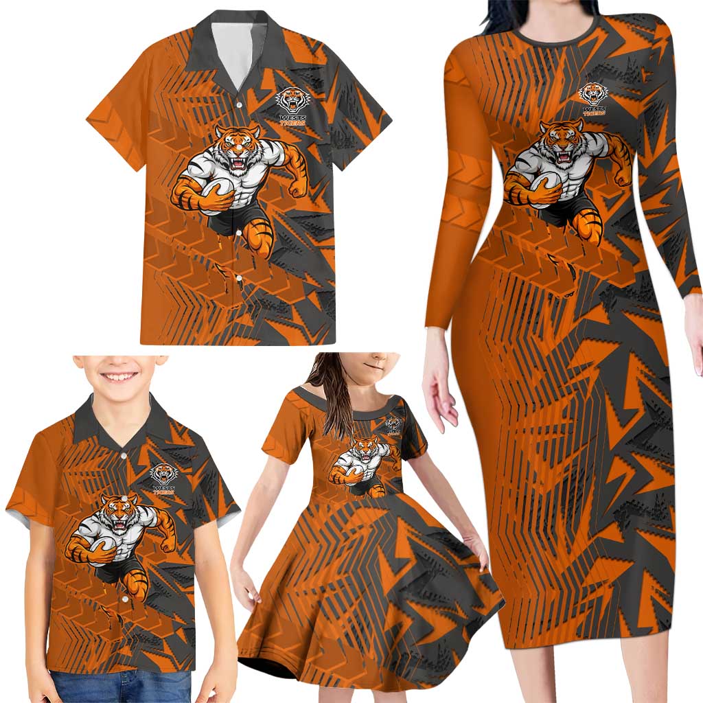Wests Tigers Rugby Family Matching Long Sleeve Bodycon Dress and Hawaiian Shirt Fierce Mascot Geometric Tribal Art
