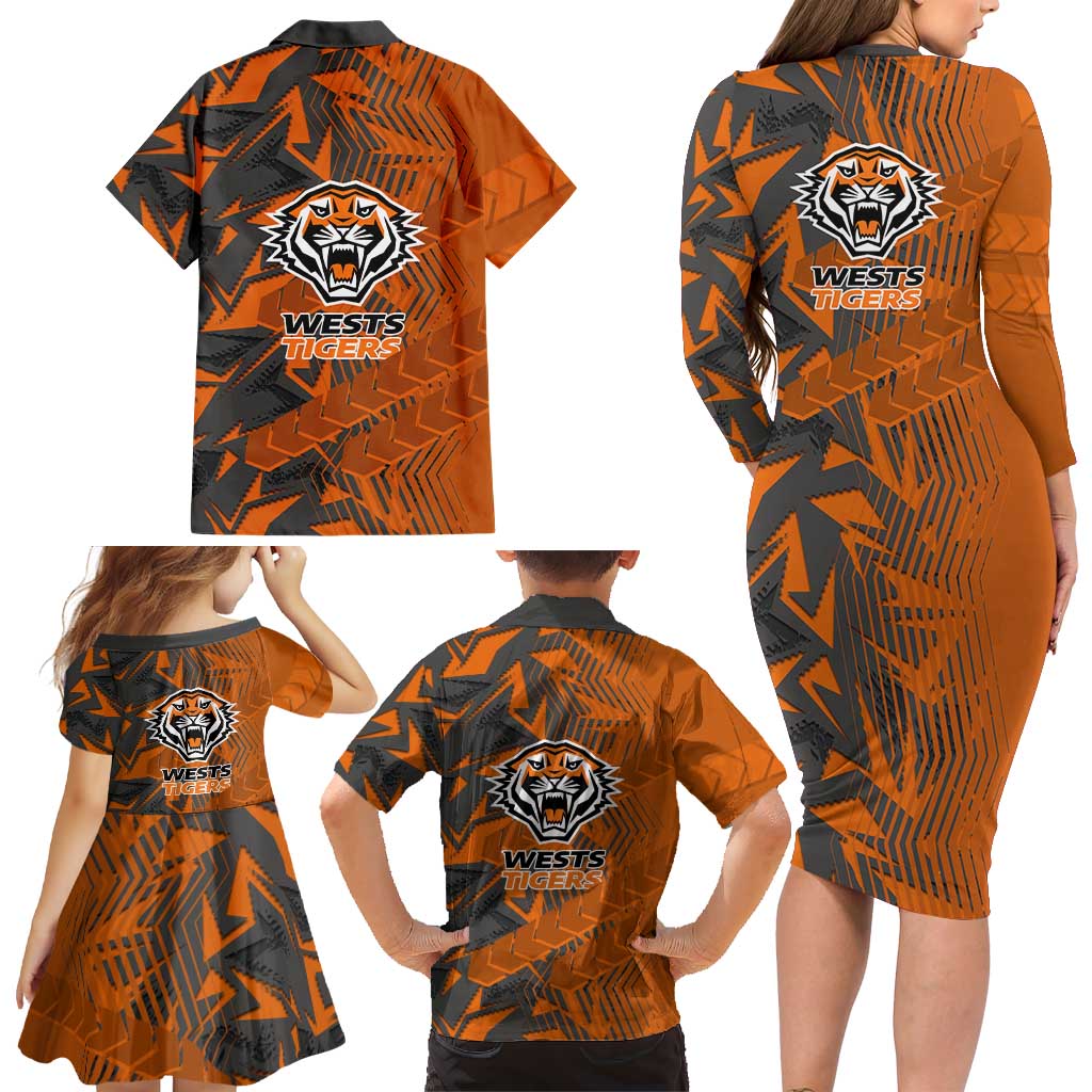Wests Tigers Rugby Family Matching Long Sleeve Bodycon Dress and Hawaiian Shirt Fierce Mascot Geometric Tribal Art