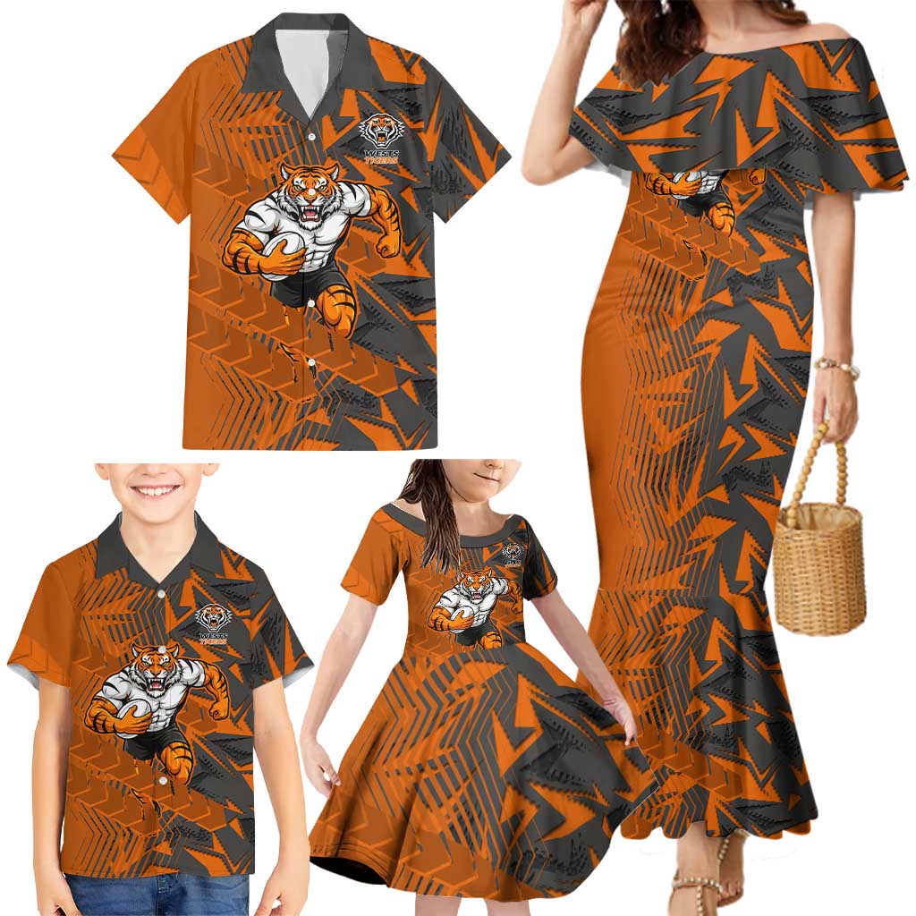 Wests Tigers Rugby Family Matching Mermaid Dress and Hawaiian Shirt Fierce Mascot Geometric Tribal Art