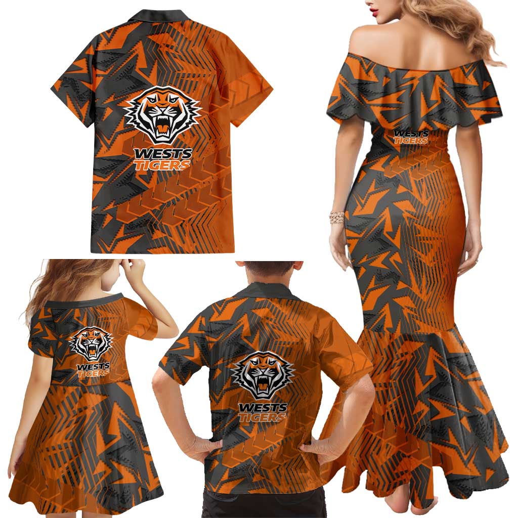 Wests Tigers Rugby Family Matching Mermaid Dress and Hawaiian Shirt Fierce Mascot Geometric Tribal Art
