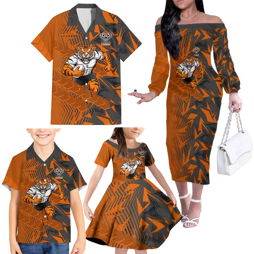 Wests Tigers Rugby Family Matching Off The Shoulder Long Sleeve Dress and Hawaiian Shirt Fierce Mascot Geometric Tribal Art