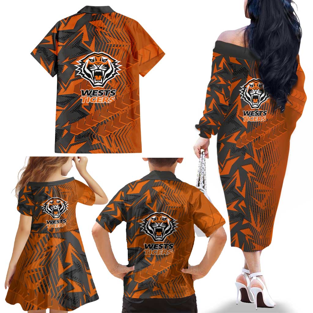 Wests Tigers Rugby Family Matching Off The Shoulder Long Sleeve Dress and Hawaiian Shirt Fierce Mascot Geometric Tribal Art