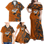 Wests Tigers Rugby Family Matching Off Shoulder Maxi Dress and Hawaiian Shirt Fierce Mascot Geometric Tribal Art