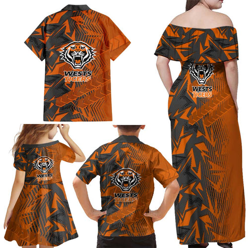 Wests Tigers Rugby Family Matching Off Shoulder Maxi Dress and Hawaiian Shirt Fierce Mascot Geometric Tribal Art