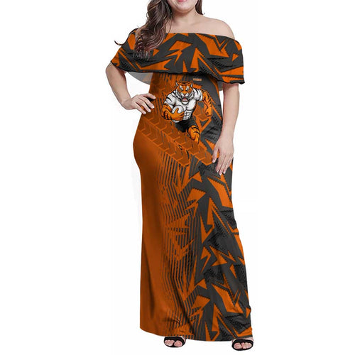 Wests Tigers Rugby Family Matching Off Shoulder Maxi Dress and Hawaiian Shirt Fierce Mascot Geometric Tribal Art