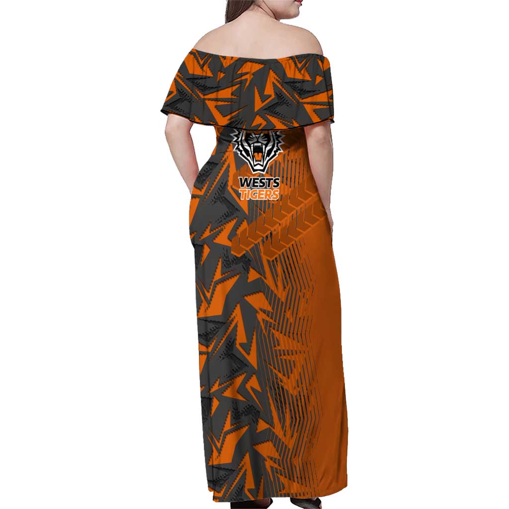 Wests Tigers Rugby Family Matching Off Shoulder Maxi Dress and Hawaiian Shirt Fierce Mascot Geometric Tribal Art