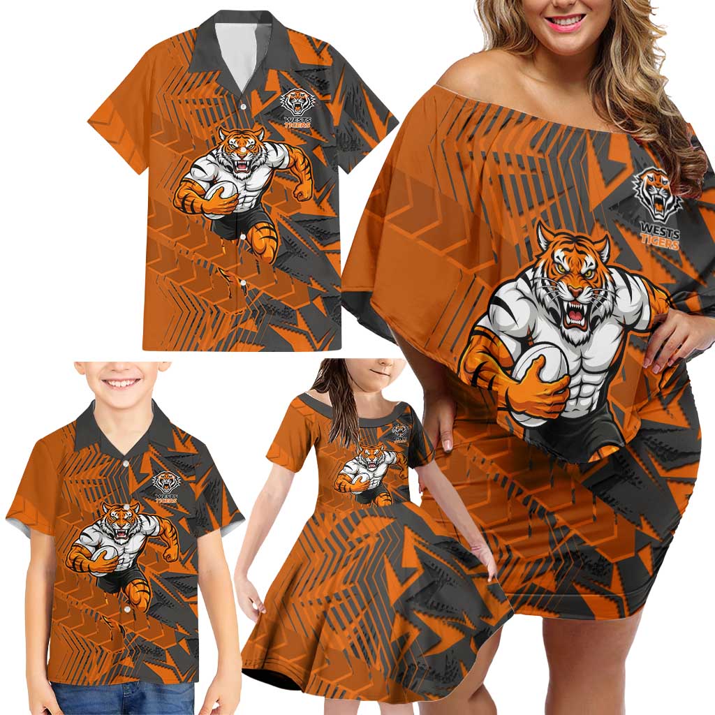 Wests Tigers Rugby Family Matching Off Shoulder Short Dress and Hawaiian Shirt Fierce Mascot Geometric Tribal Art
