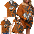 Wests Tigers Rugby Family Matching Off Shoulder Short Dress and Hawaiian Shirt Fierce Mascot Geometric Tribal Art