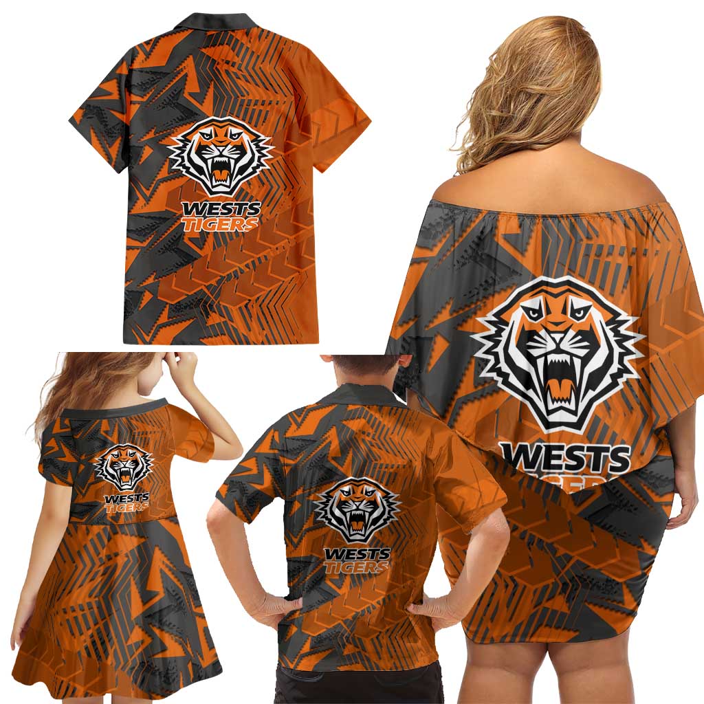 Wests Tigers Rugby Family Matching Off Shoulder Short Dress and Hawaiian Shirt Fierce Mascot Geometric Tribal Art