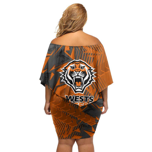 Wests Tigers Rugby Family Matching Off Shoulder Short Dress and Hawaiian Shirt Fierce Mascot Geometric Tribal Art