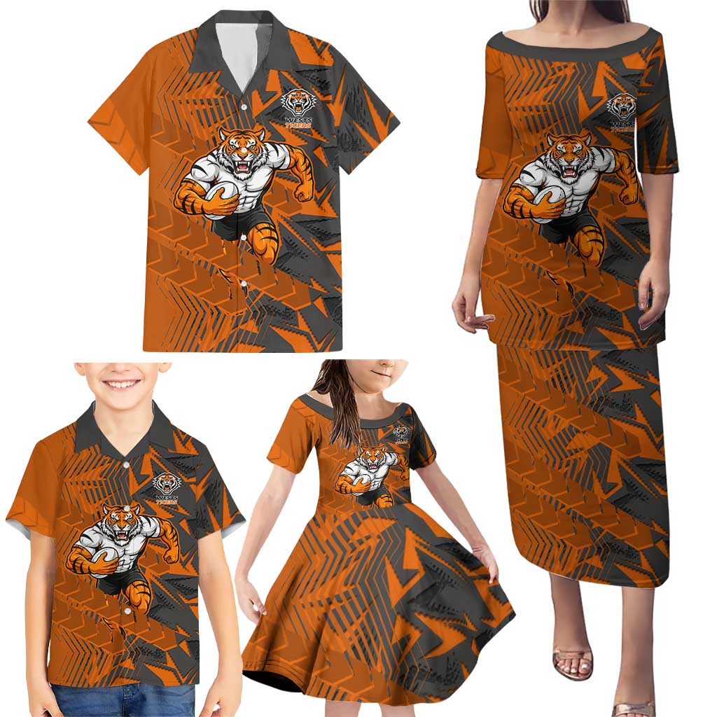 Wests Tigers Rugby Family Matching Puletasi and Hawaiian Shirt Fierce Mascot Geometric Tribal Art