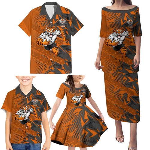 Wests Tigers Rugby Family Matching Puletasi and Hawaiian Shirt Fierce Mascot Geometric Tribal Art