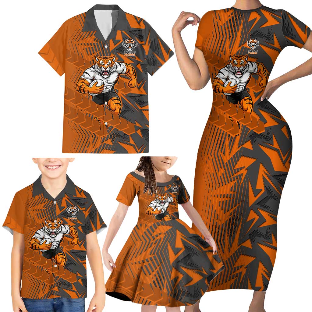 Wests Tigers Rugby Family Matching Short Sleeve Bodycon Dress and Hawaiian Shirt Fierce Mascot Geometric Tribal Art