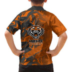Wests Tigers Rugby Family Matching Short Sleeve Bodycon Dress and Hawaiian Shirt Fierce Mascot Geometric Tribal Art