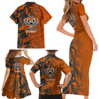 Wests Tigers Rugby Family Matching Short Sleeve Bodycon Dress and Hawaiian Shirt Fierce Mascot Geometric Tribal Art