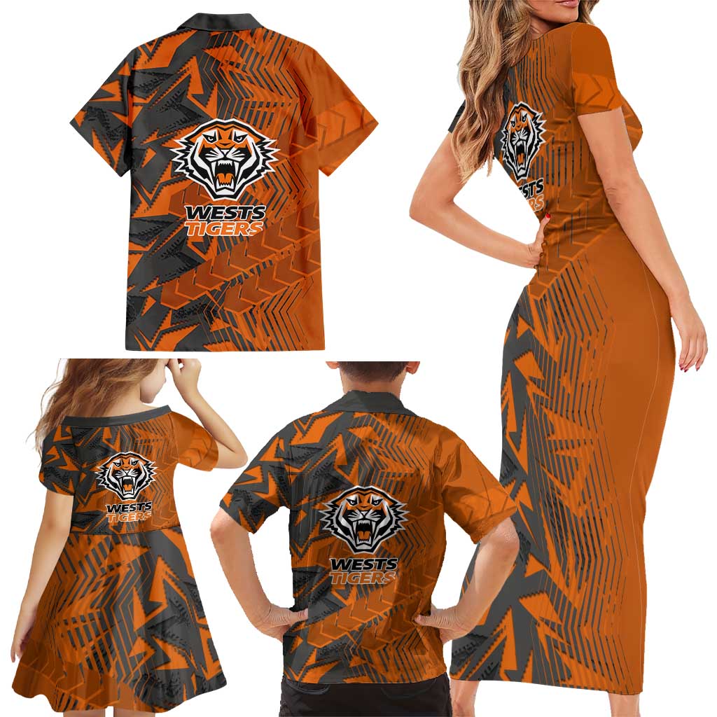 Wests Tigers Rugby Family Matching Short Sleeve Bodycon Dress and Hawaiian Shirt Fierce Mascot Geometric Tribal Art