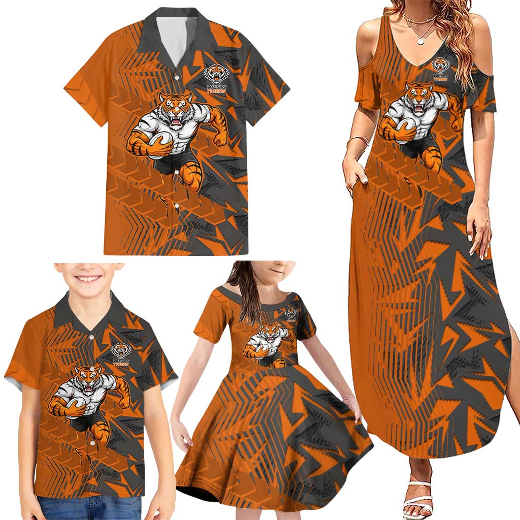 Wests Tigers Rugby Family Matching Summer Maxi Dress and Hawaiian Shirt Fierce Mascot Geometric Tribal Art