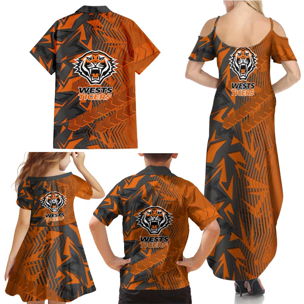 Wests Tigers Rugby Family Matching Summer Maxi Dress and Hawaiian Shirt Fierce Mascot Geometric Tribal Art