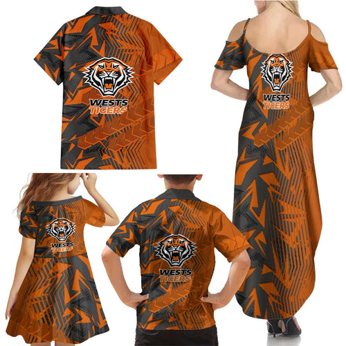 Wests Tigers Rugby Family Matching Summer Maxi Dress and Hawaiian Shirt Fierce Mascot Geometric Tribal Art