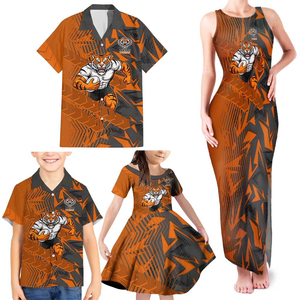 Wests Tigers Rugby Family Matching Tank Maxi Dress and Hawaiian Shirt Fierce Mascot Geometric Tribal Art
