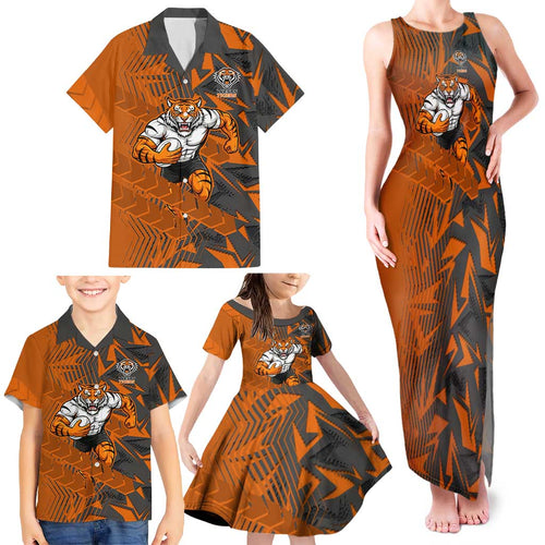Wests Tigers Rugby Family Matching Tank Maxi Dress and Hawaiian Shirt Fierce Mascot Geometric Tribal Art