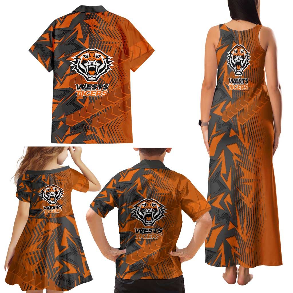 Wests Tigers Rugby Family Matching Tank Maxi Dress and Hawaiian Shirt Fierce Mascot Geometric Tribal Art
