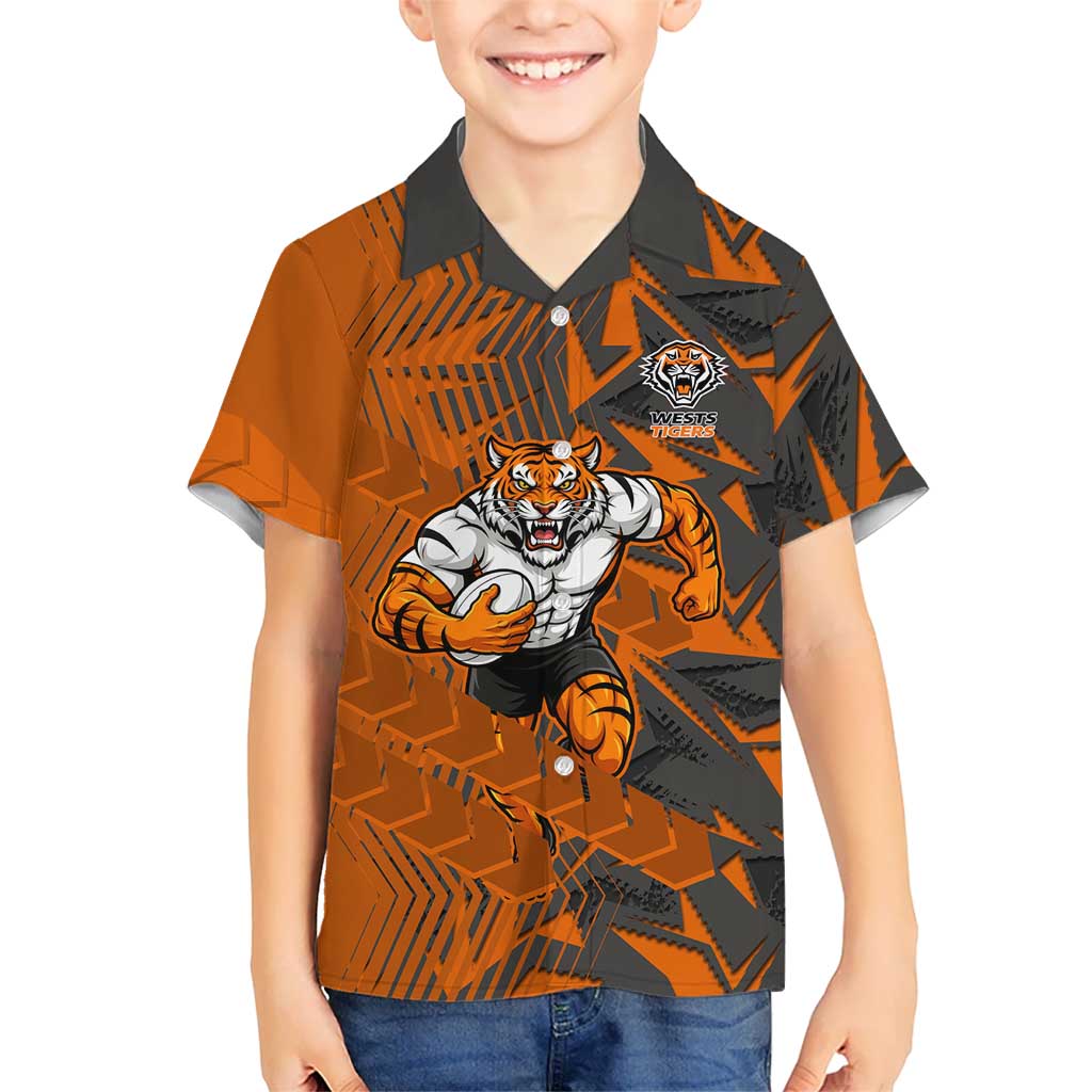 Wests Tigers Rugby Kid Hawaiian Shirt Fierce Mascot Geometric Tribal Art