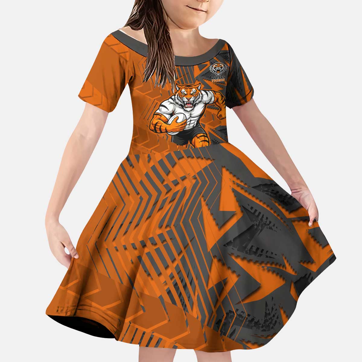 Wests Tigers Rugby Kid Short Sleeve Dress Fierce Mascot Geometric Tribal Art