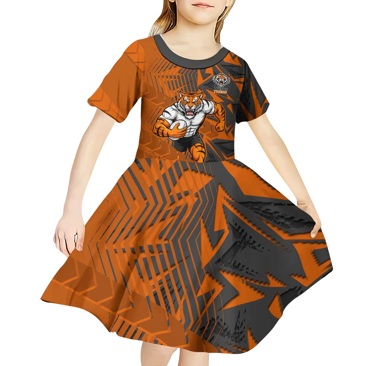 Wests Tigers Rugby Kid Short Sleeve Dress Fierce Mascot Geometric Tribal Art