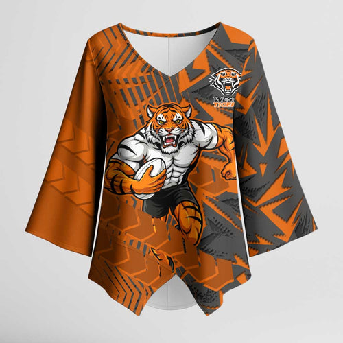 Wests Tigers Rugby Kimono Sleeve Blouse Fierce Mascot Geometric Tribal Art