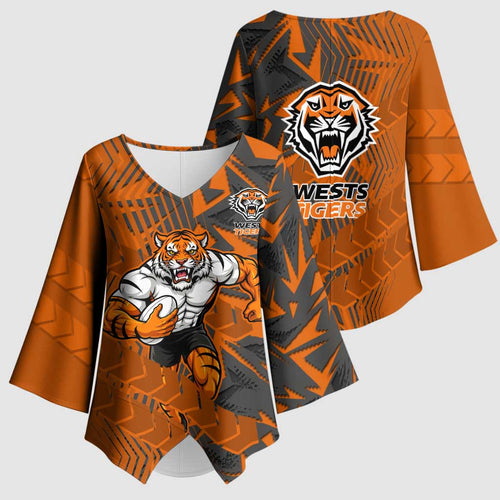 Wests Tigers Rugby Kimono Sleeve Blouse Fierce Mascot Geometric Tribal Art
