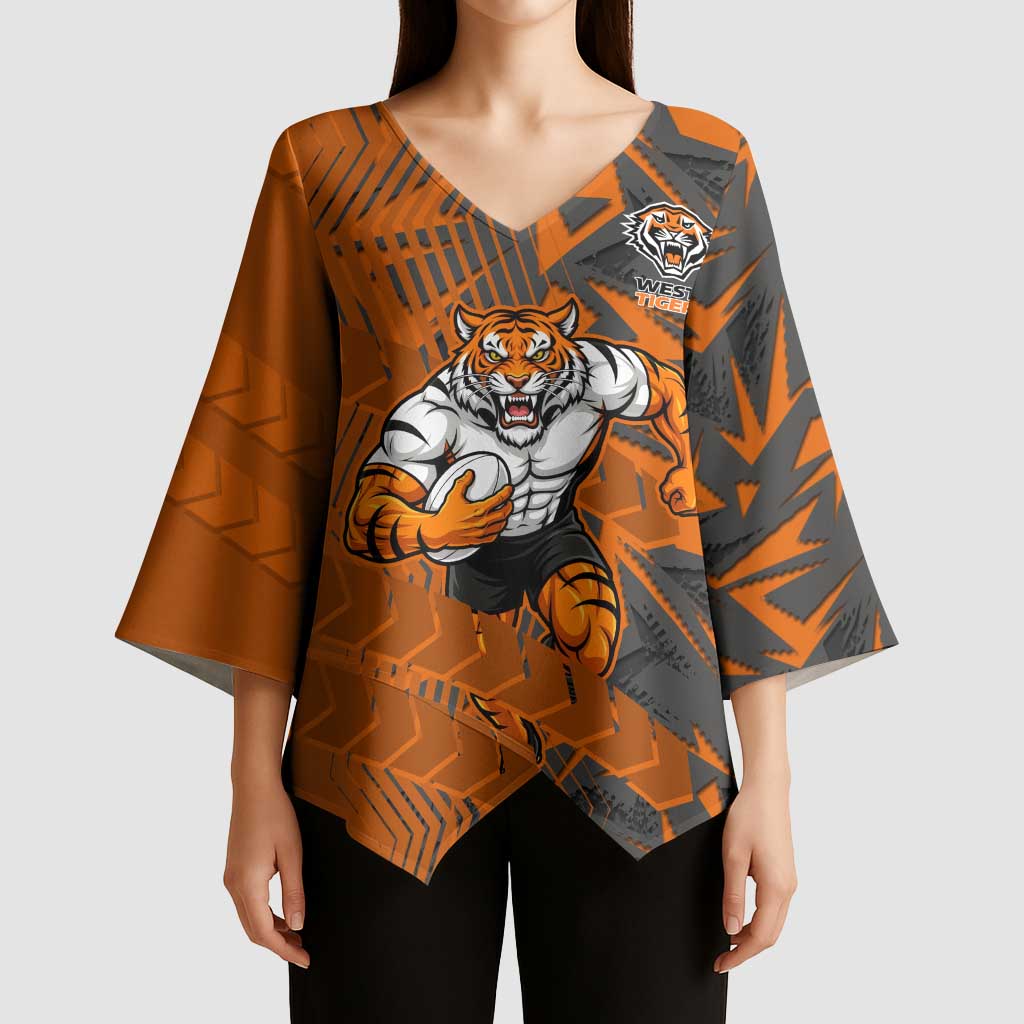 Wests Tigers Rugby Kimono Sleeve Blouse Fierce Mascot Geometric Tribal Art