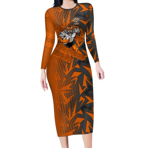 Wests Tigers Rugby Long Sleeve Bodycon Dress Fierce Mascot Geometric Tribal Art