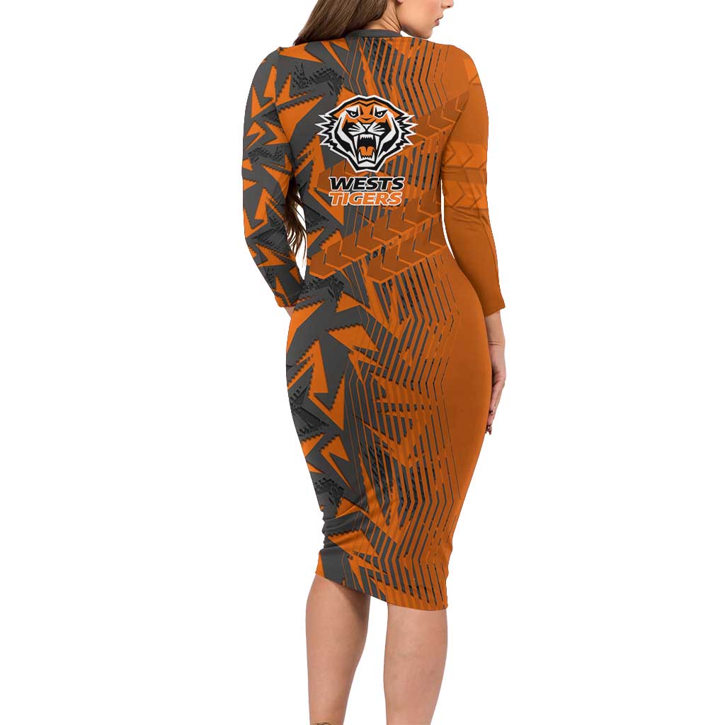 Wests Tigers Rugby Long Sleeve Bodycon Dress Fierce Mascot Geometric Tribal Art