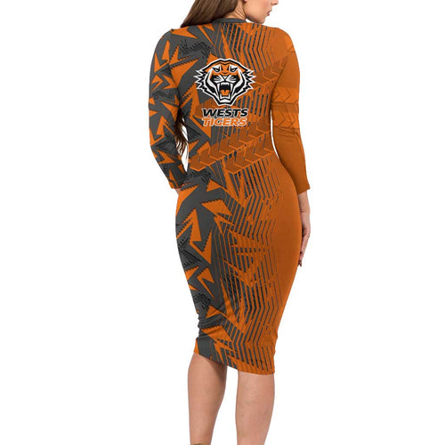 Wests Tigers Rugby Long Sleeve Bodycon Dress Fierce Mascot Geometric Tribal Art