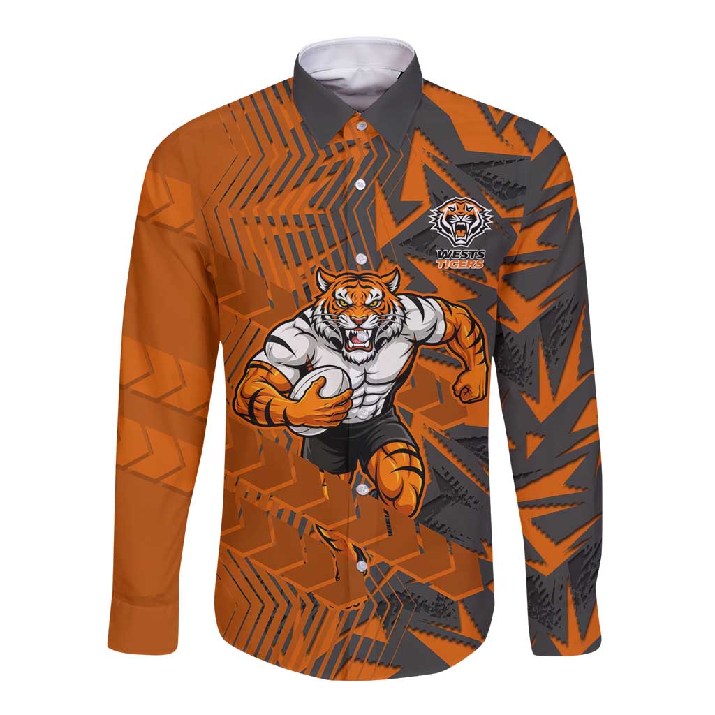 Wests Tigers Rugby Long Sleeve Button Shirt Fierce Mascot Geometric Tribal Art