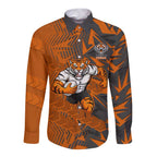 Wests Tigers Rugby Long Sleeve Button Shirt Fierce Mascot Geometric Tribal Art