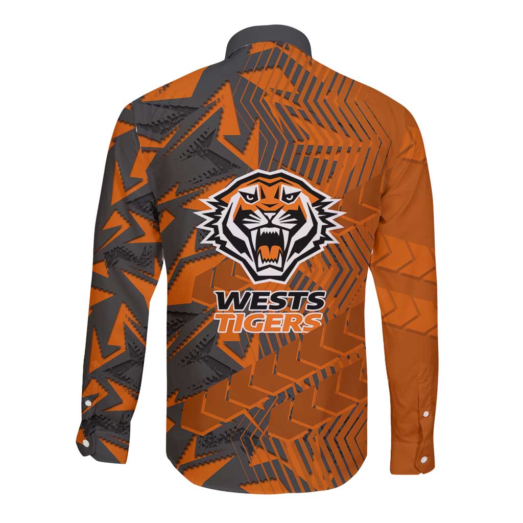 Wests Tigers Rugby Long Sleeve Button Shirt Fierce Mascot Geometric Tribal Art