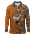 Wests Tigers Rugby Long Sleeve Polo Shirt Fierce Mascot Geometric Tribal Art