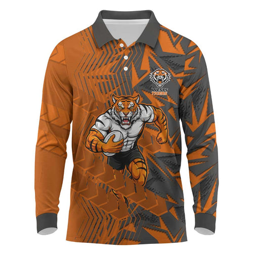 Wests Tigers Rugby Long Sleeve Polo Shirt Fierce Mascot Geometric Tribal Art
