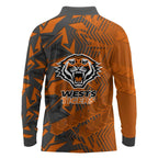Wests Tigers Rugby Long Sleeve Polo Shirt Fierce Mascot Geometric Tribal Art