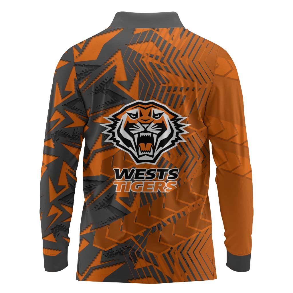 Wests Tigers Rugby Long Sleeve Polo Shirt Fierce Mascot Geometric Tribal Art
